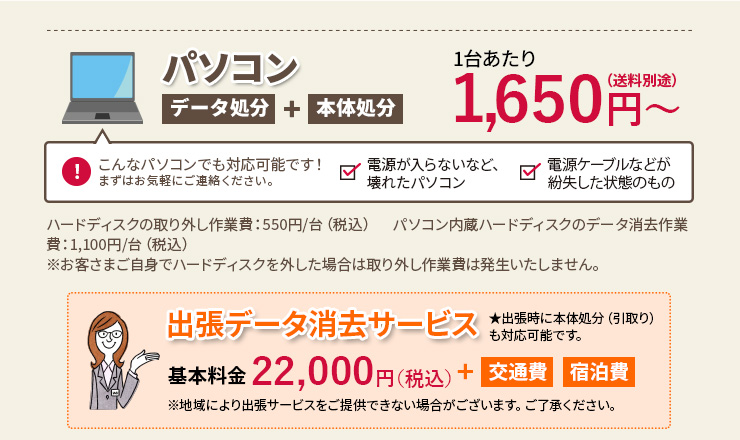 パソコン1台あたり1,650円～（送料別途） ハードディスクの取り外し作業費：550円/台（税込）　パソコン内蔵ハードディスクのデータ消去作業費：1,100円/台（税込）※お客さまご自身でハードディスクを外した場合は取り外し作業費は発生いたしません。