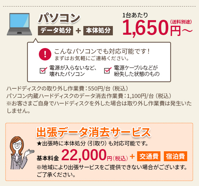 パソコン1台あたり1,650円～（送料別途） ハードディスクの取り外し作業費：550円/台（税込）　パソコン内蔵ハードディスクのデータ消去作業費：1,100円/台（税込）※お客さまご自身でハードディスクを外した場合は取り外し作業費は発生いたしません。