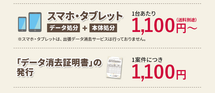 スマホ・タブレット1台あたり1,100円～（送料別途） 「データ消去証明書」の発行 1案件につき1,100円