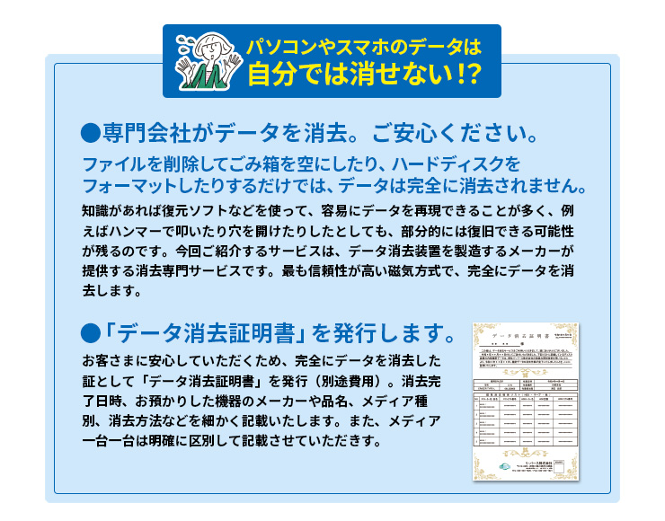 パソコンやスマホのデータは自分では消せない！？ ●専門会社がデータを消去。ご安心ください。ファイルを削除してごみ箱を空にしたり、ハードディスクをフォーマットしたりするだけでは、データは完全に消去されません。知識があれば復元ソフトなどを使って、容易にデータを再現できることが多く、例えばハンマーで叩いたり穴を開けたりしたとしても、部分的には復旧できる可能性が残るのです。今回ご紹介するサービスは、データ消去装置を製造するメーカーが提供する消去専門サービスです。最も信頼性が高い磁気方式で、完全にデータを消去します。●「データ消去証明書」を発行します。お客さまに安心していただくため、完全にデータを消去した証として「データ消去証明書」を発行（別途費用）。消去完了日時、お預かりした機器のメーカーや品名、メディア種別、消去方法などを細かく記載いたします。また、メディア一台一台は明確に区別して記載させていただきす。